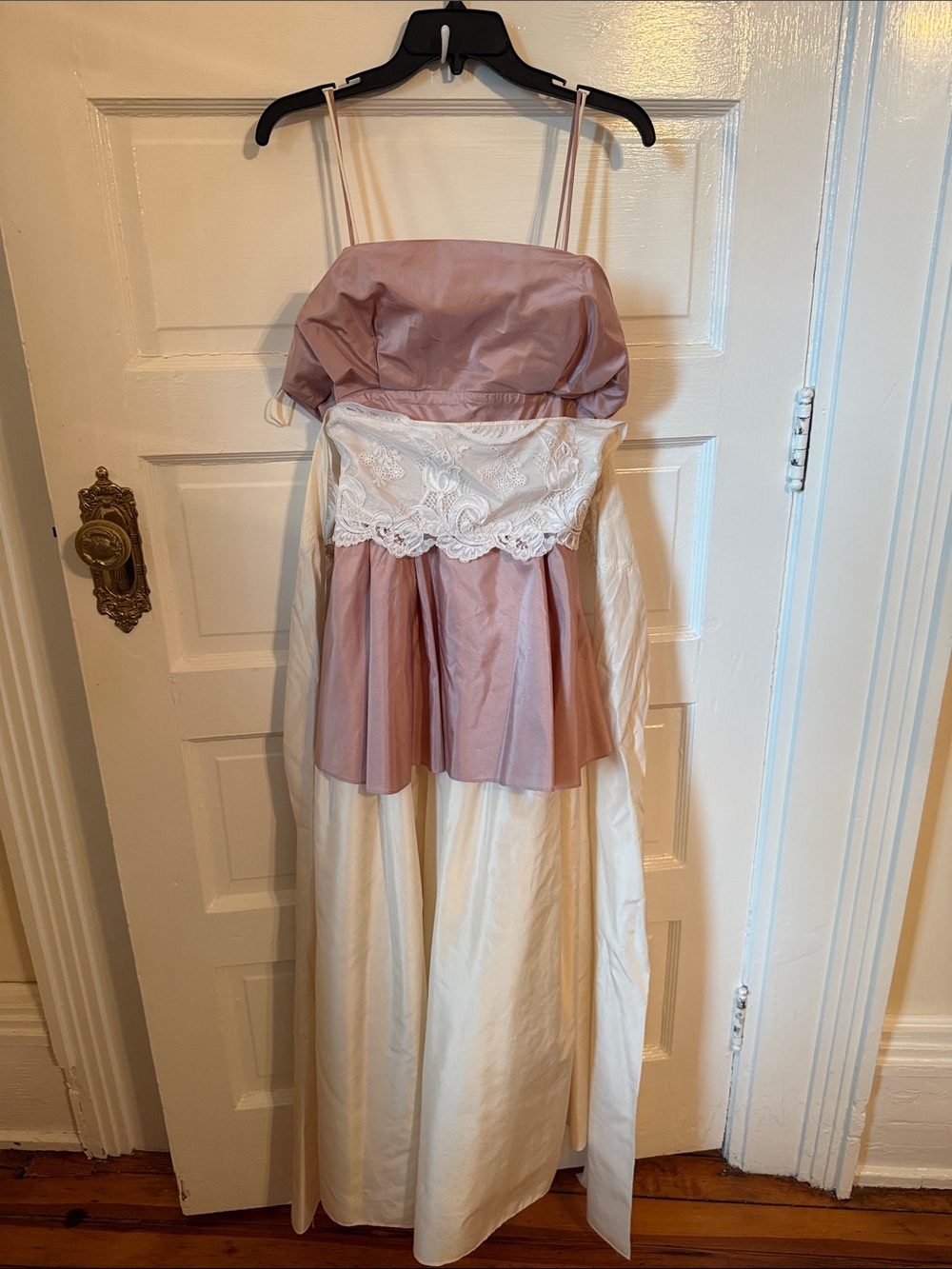 Saks Fifth Avenue Pink and Ivory Strapless Lace-Trim Evening Gown